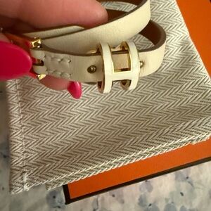 Hermes Cream Leather Wrap Bracelet with Gold Buckle
